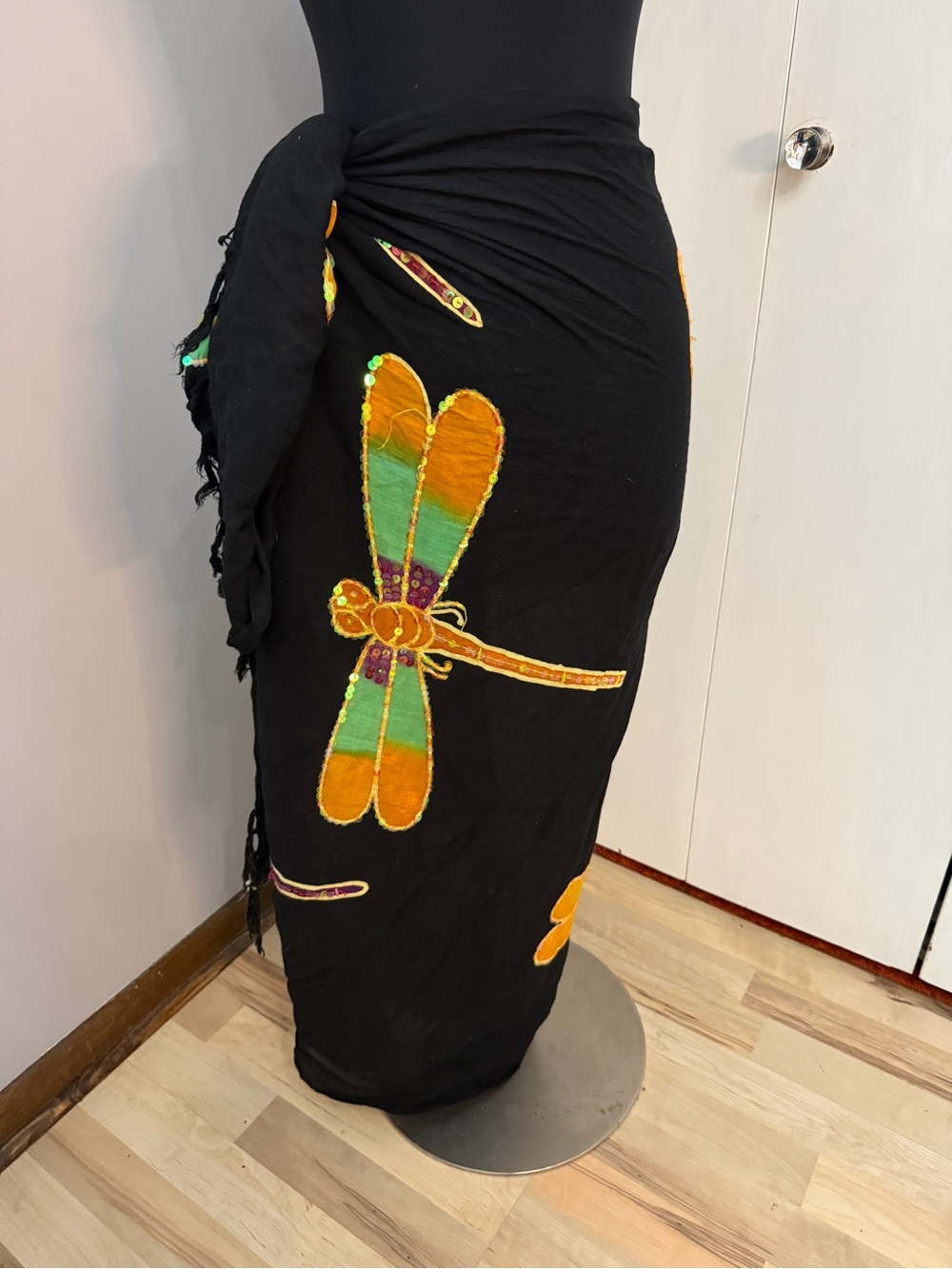 Black Dragonfly-Embroidered Swim Sarong - Vibrant Orange & Green Accents